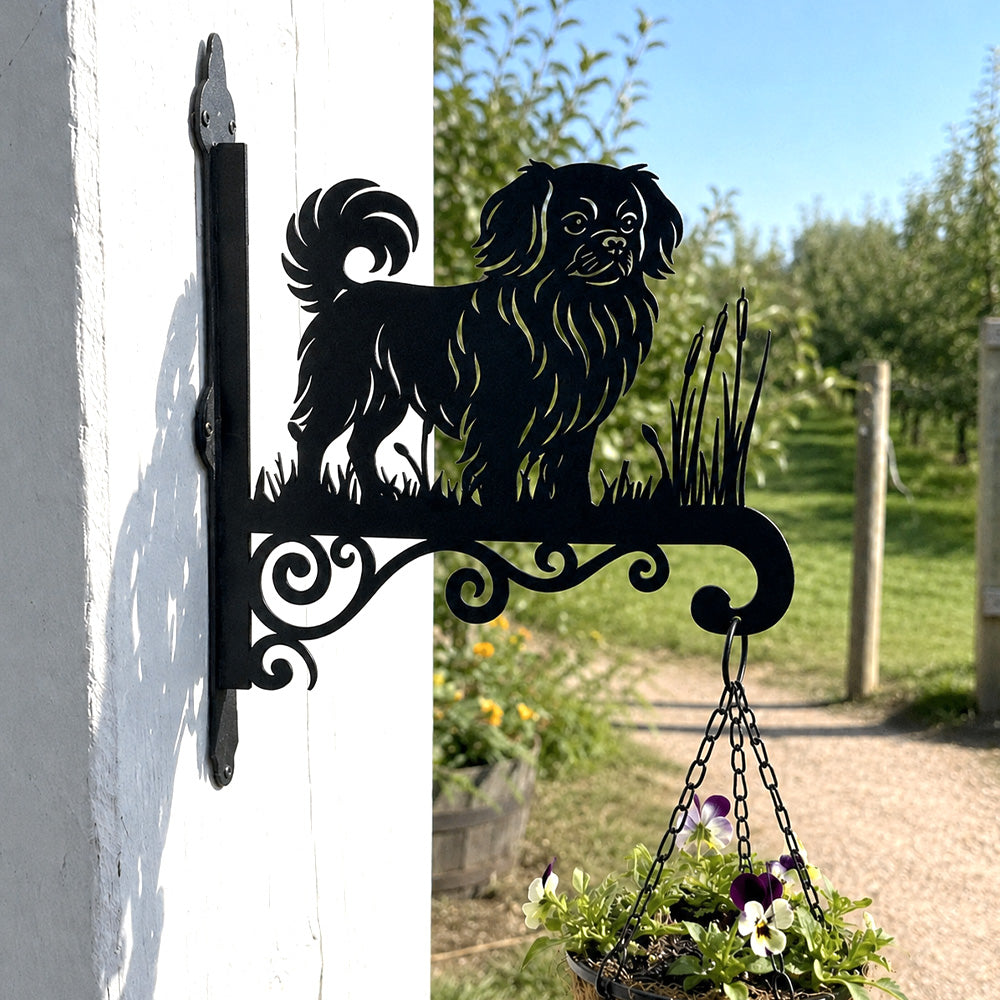 Tibetan spaniel metal hanging basket bracket mounted on outdoor wall for plant decoration