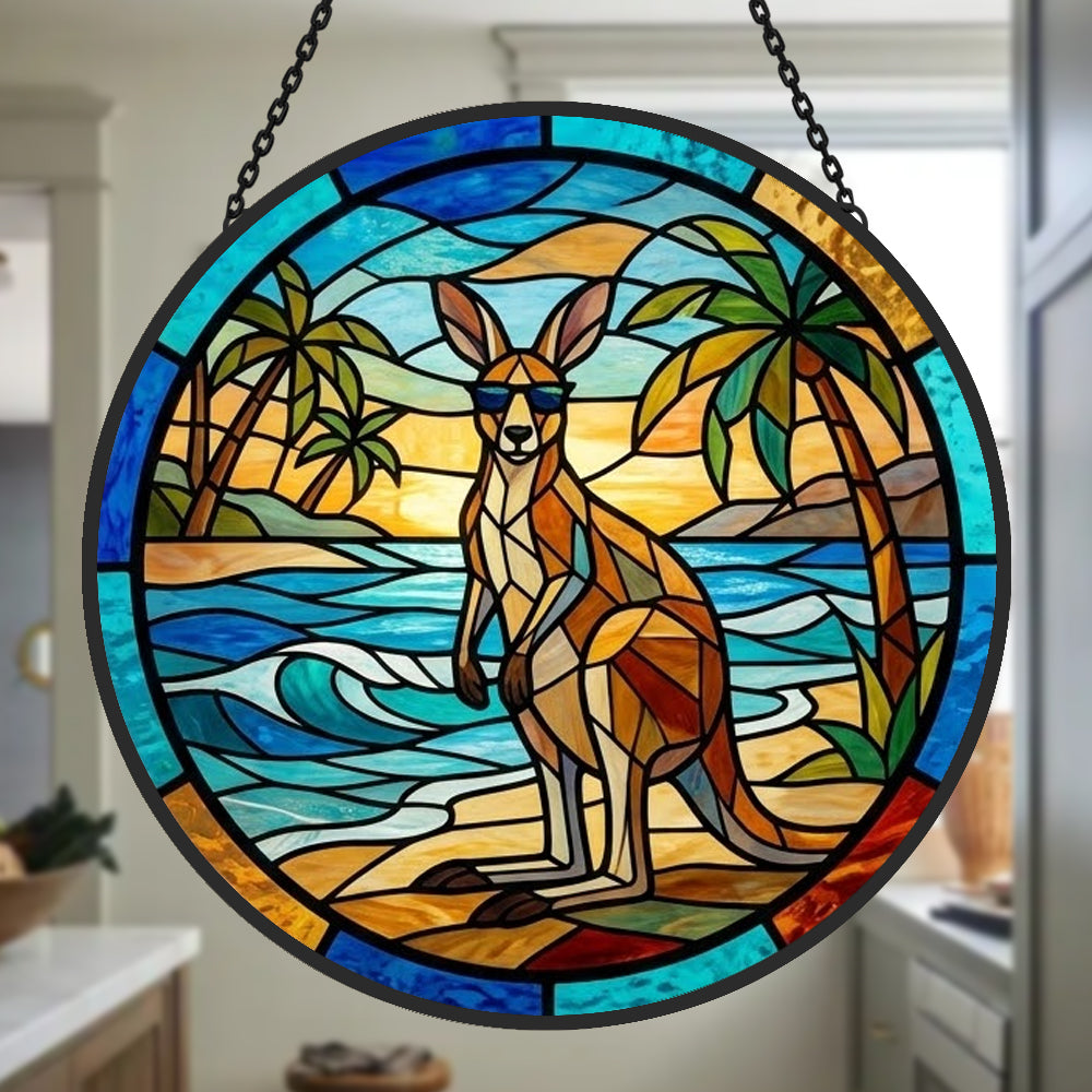 Tropical beach sunglasses kangaroo stained glass suncatcher window hanging, suitable for home and garden decoration 