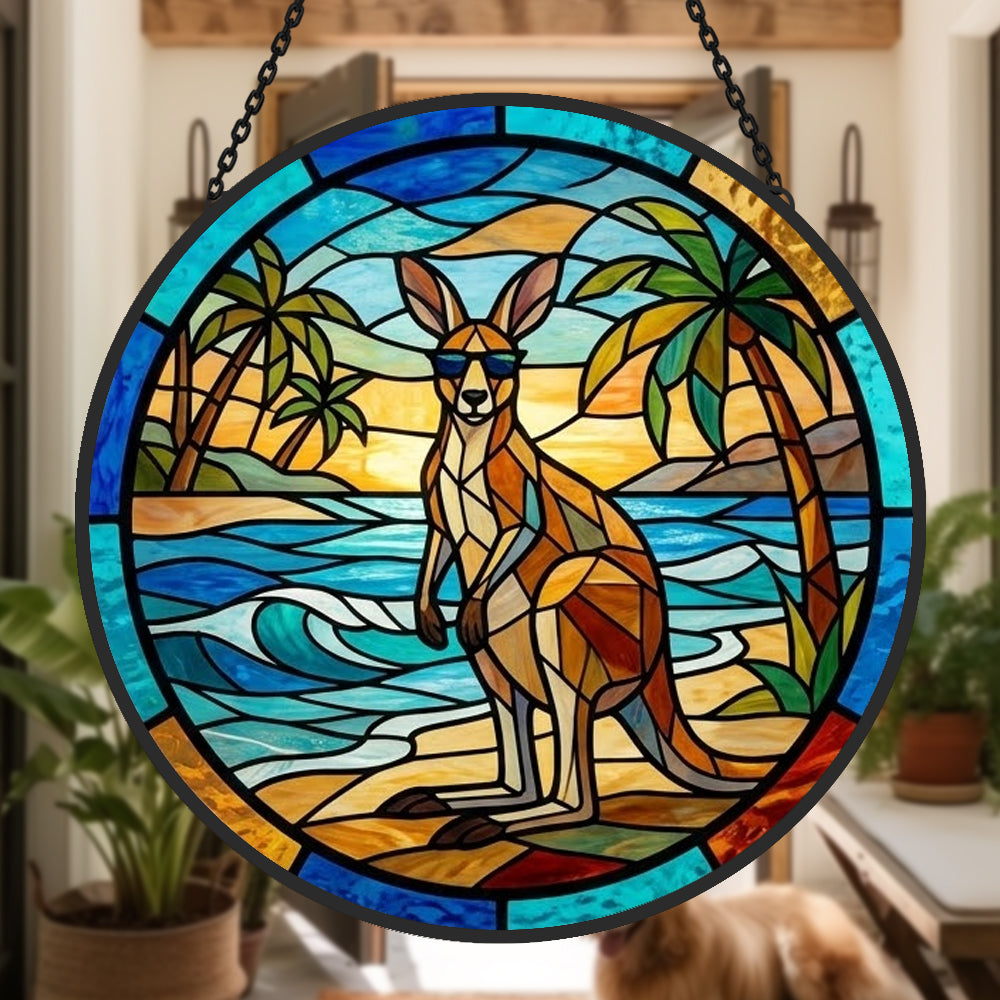 Tropical beach sunglasses kangaroo stained glass suncatcher window hanging, suitable for home and garden decoration 