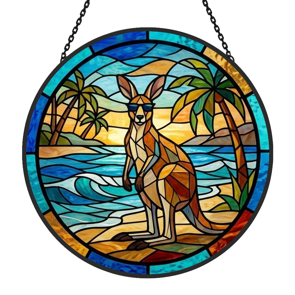Tropical beach sunglasses kangaroo stained glass suncatcher window hanging, suitable for home and garden decoration