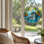 Tropical paradise palm tree dolphins stained glass suncatcher window hanging, suitable for home and garden decoration