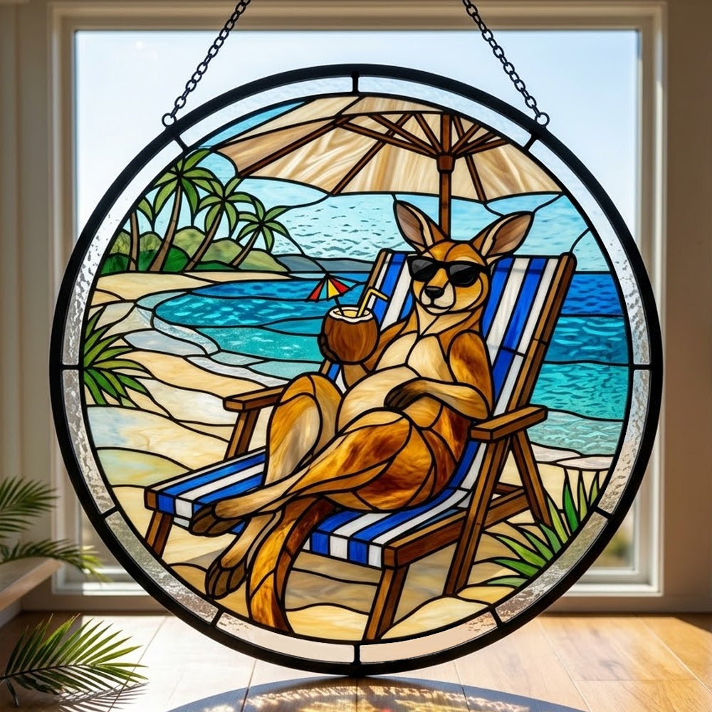 Tropical vacation kangaroo stained glass suncatcher window hanging, suitable for home and garden decoration 