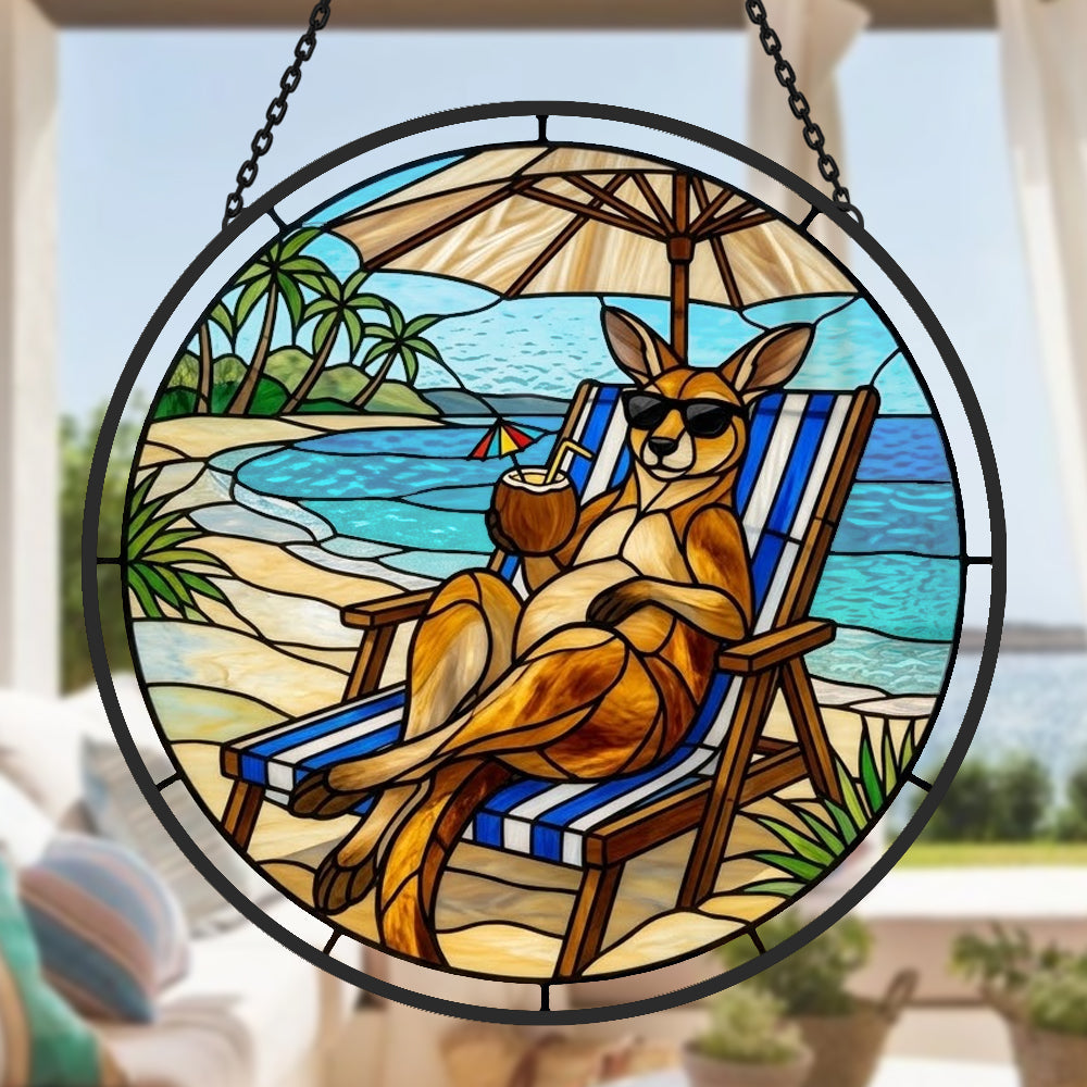 Tropical vacation kangaroo stained glass suncatcher window hanging, suitable for home and garden decoration 