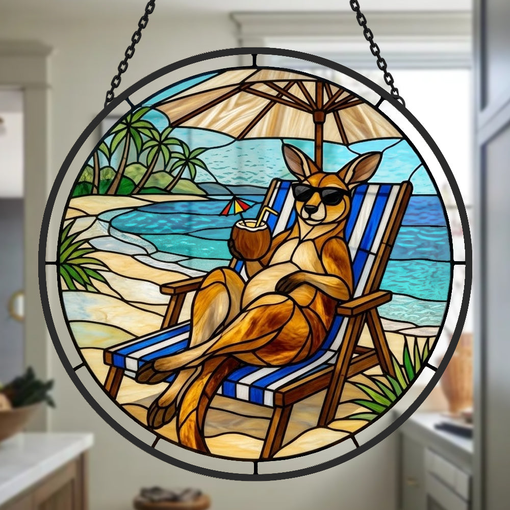 Tropical vacation kangaroo stained glass suncatcher window hanging, suitable for home and garden decoration 