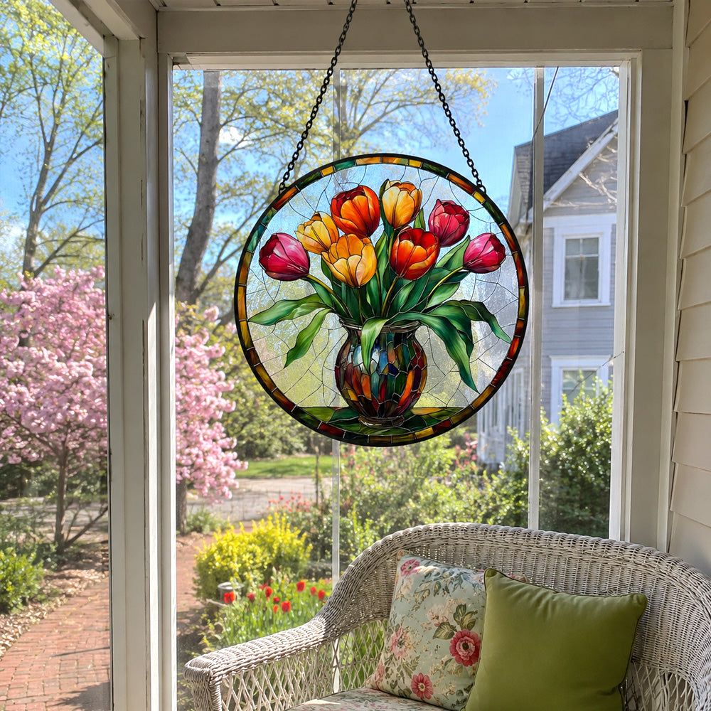 Tulip bouquet in vase stained glass suncatcher window hanging, suitable for home and garden decoration