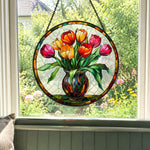 Tulip bouquet in vase stained glass suncatcher window hanging, suitable for home and garden decoration