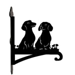 Two dachshunds metal hanging basket bracket mounted on outdoor wall for plant decoration