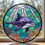 Undersea swimming dolphin art stained glass suncatcher window hanging, suitable for home and garden decoration