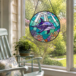Undersea swimming dolphin art stained glass suncatcher window hanging, suitable for home and garden decoration
