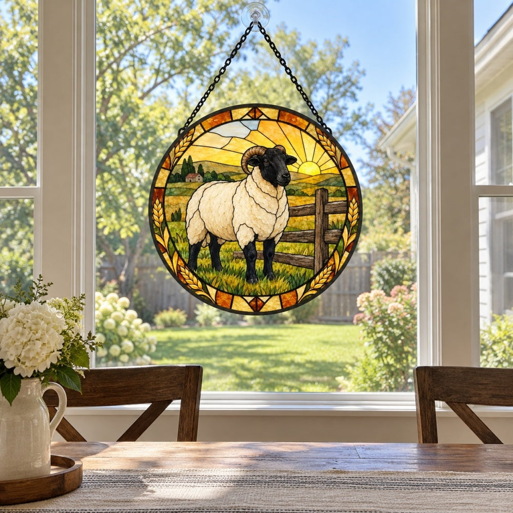 Valais blacknose sheep stained glass suncatcher window hanging, suitable for home and garden decoration