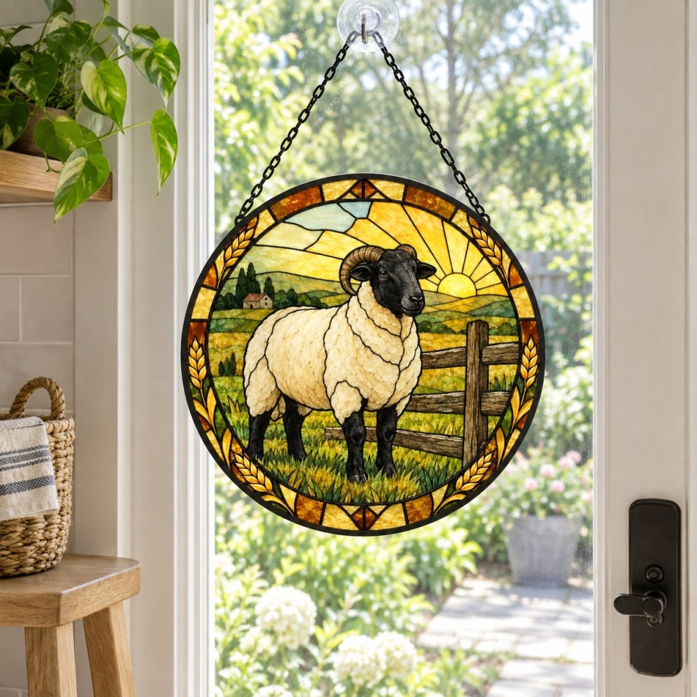 Valais blacknose sheep stained glass suncatcher window hanging, suitable for home and garden decoration