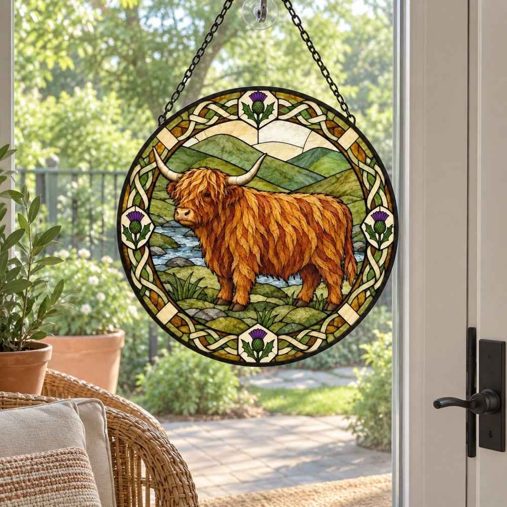 Valley highland cattle stained glass suncatcher window hanging, suitable for home and garden decoration