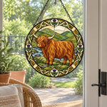 Valley highland cattle stained glass suncatcher window hanging, suitable for home and garden decoration