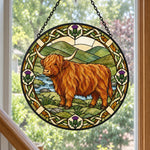 Valley highland cattle stained glass suncatcher window hanging, suitable for home and garden decoration