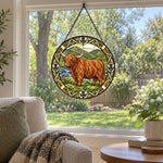 Valley highland cattle stained glass suncatcher window hanging, suitable for home and garden decoration