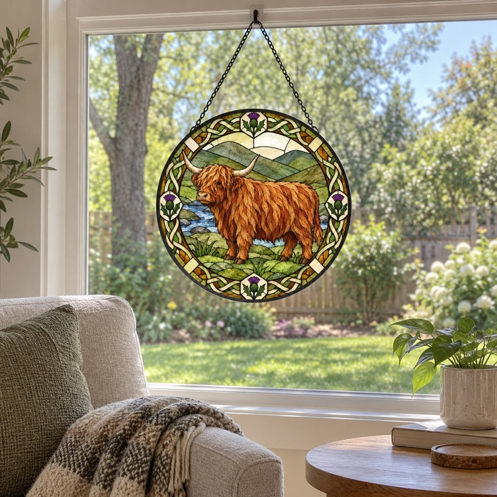 Valley highland cattle stained glass suncatcher window hanging, suitable for home and garden decoration