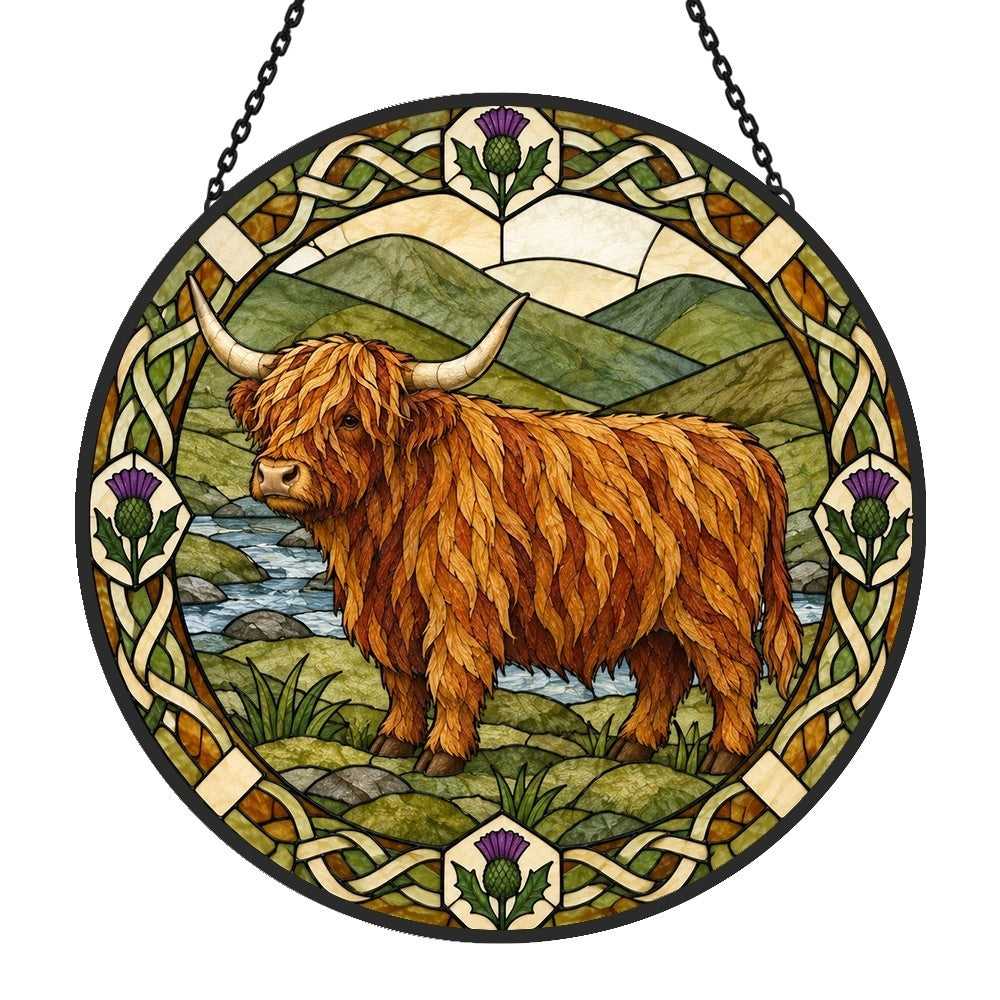 Valley highland cattle stained glass suncatcher window hanging, suitable for home and garden decoration