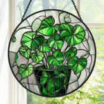 Vibrant botanical potted plant greenery stained glass suncatcher window hanging, suitable for home and garden decoration