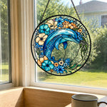 Vibrant floral garden dolphin stained glass suncatcher window hanging, suitable for home and garden decoration