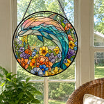 Vibrant floral meadow dolphin stained glass suncatcher window hanging, suitable for home and garden decoration