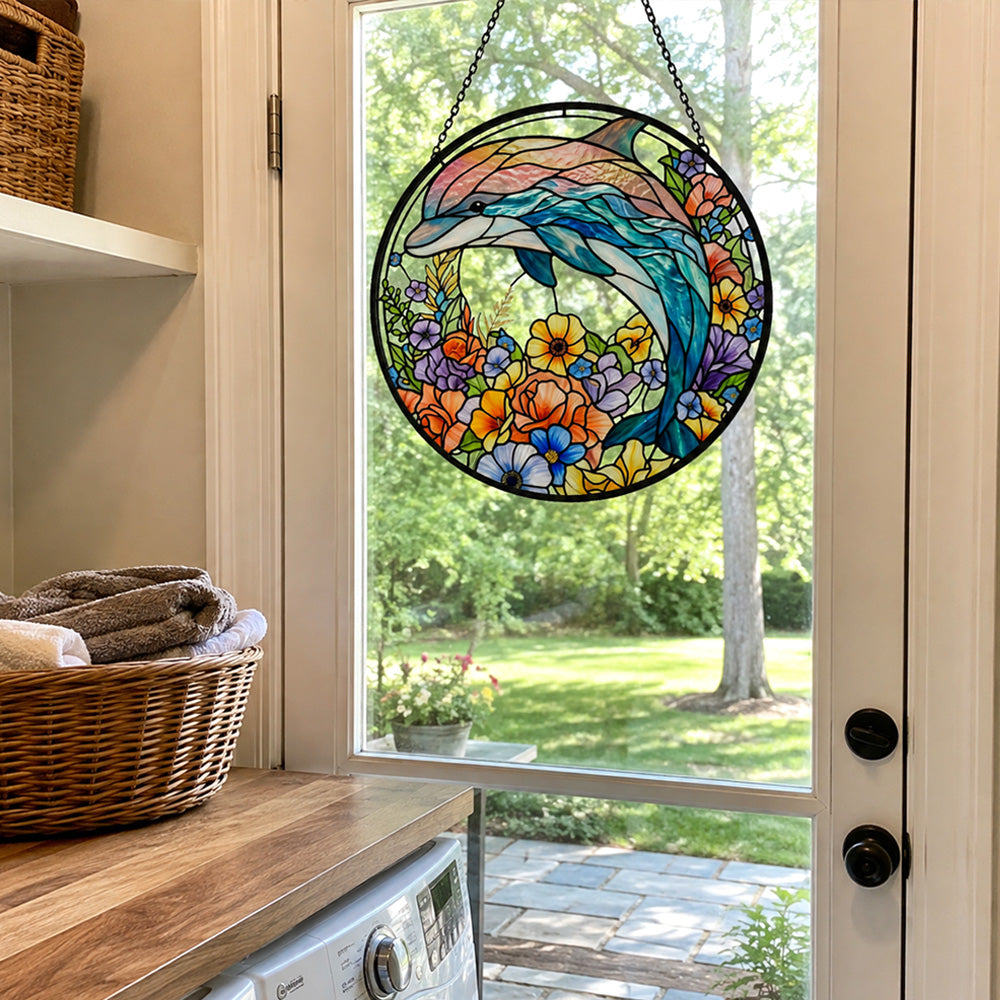 Vibrant floral meadow dolphin stained glass suncatcher window hanging, suitable for home and garden decoration