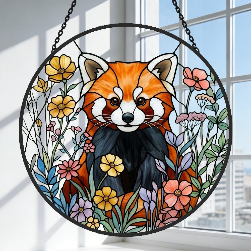 Vibrant floral meadow red panda stained glass suncatcher window hanging, suitable for home and garden decoration 
