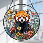 Vibrant floral meadow red panda stained glass suncatcher window hanging, suitable for home and garden decoration 