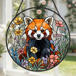 Vibrant floral meadow red panda stained glass suncatcher window hanging, suitable for home and garden decoration 