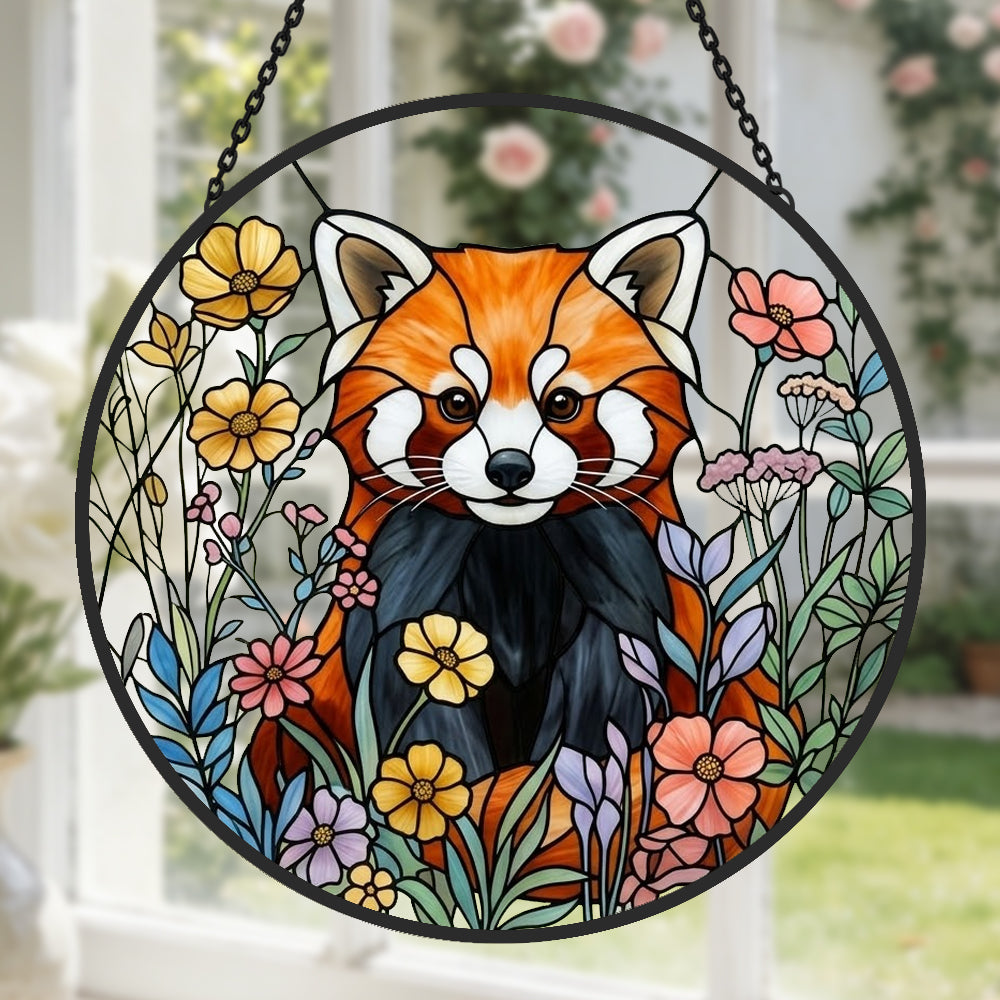Vibrant floral meadow red panda stained glass suncatcher window hanging, suitable for home and garden decoration 