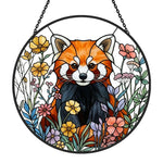 Vibrant floral meadow red panda stained glass suncatcher window hanging, suitable for home and garden decoration 