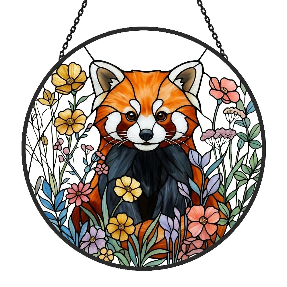 Vibrant floral meadow red panda stained glass suncatcher window hanging, suitable for home and garden decoration 