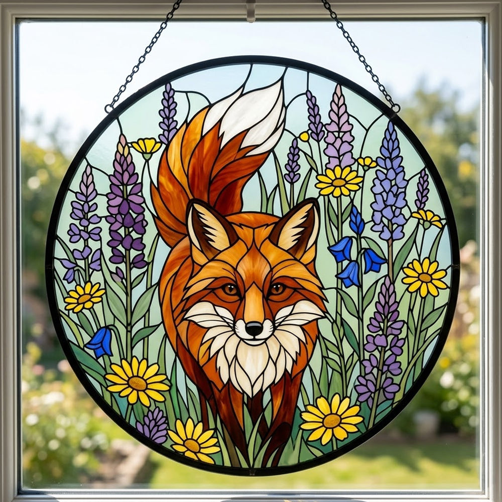 Vibrant wildflower red fox stained glass suncatcher window hanging, suitable for home and garden decoration