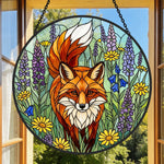 Vibrant wildflower red fox stained glass suncatcher window hanging, suitable for home and garden decoration 