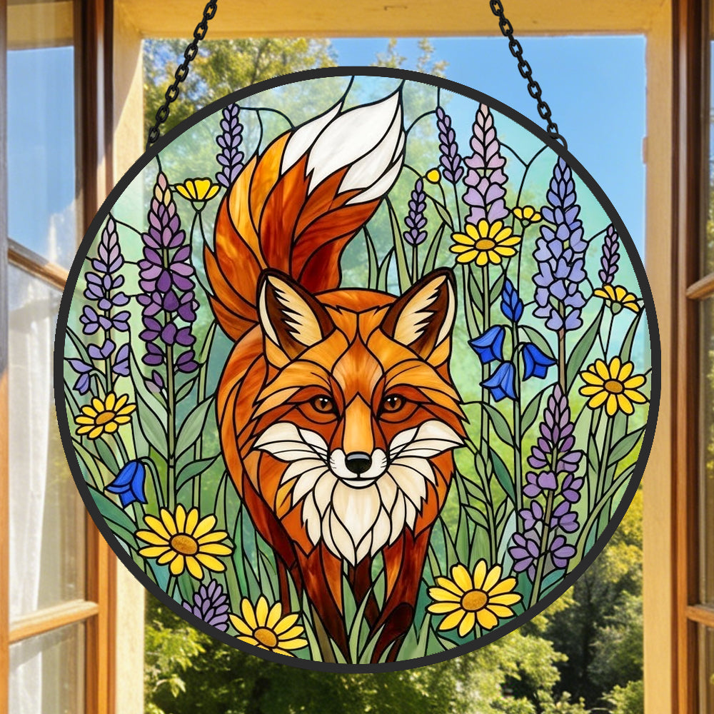 Vibrant wildflower red fox stained glass suncatcher window hanging, suitable for home and garden decoration 