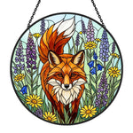 Vibrant wildflower red fox stained glass suncatcher window hanging, suitable for home and garden decoration 