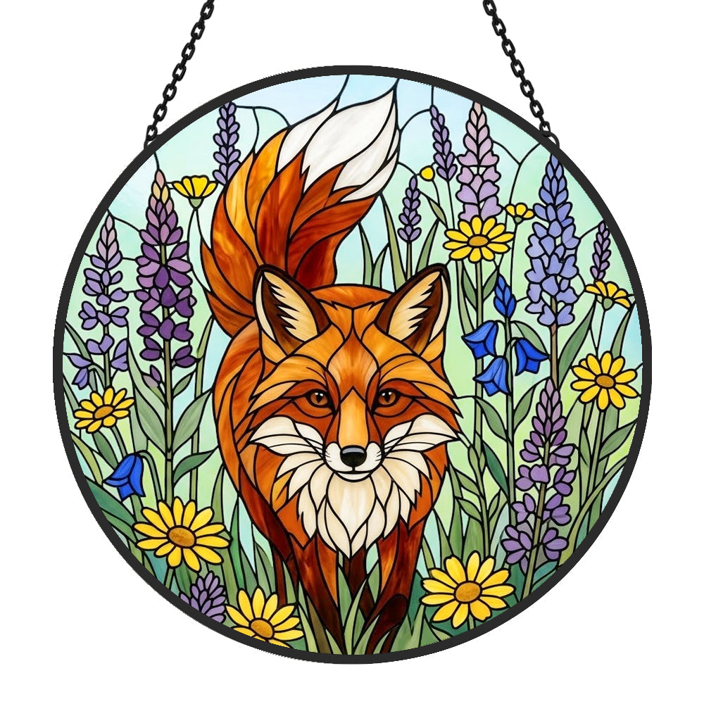 Vibrant wildflower red fox stained glass suncatcher window hanging, suitable for home and garden decoration 