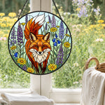 Vibrant wildflower red fox stained glass suncatcher window hanging, suitable for home and garden decoration