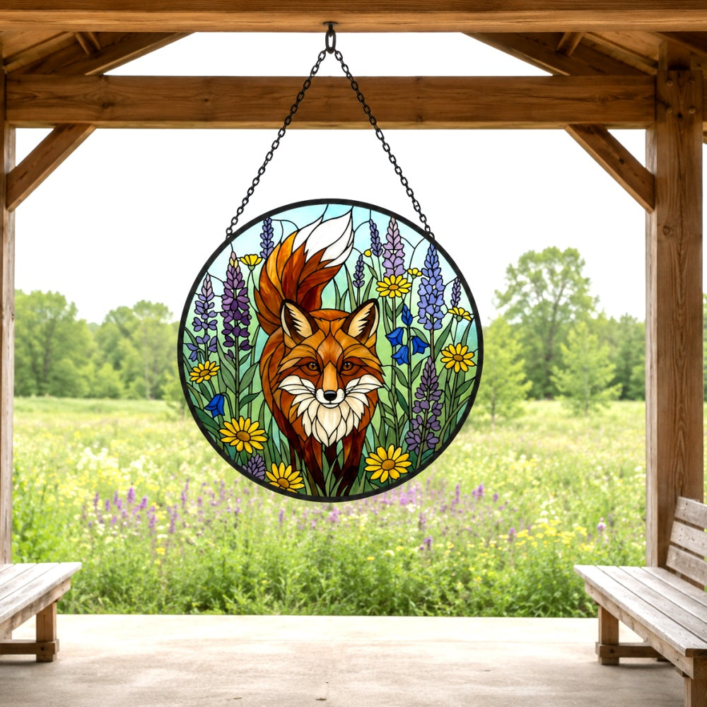 Vibrant wildflower red fox stained glass suncatcher window hanging, suitable for home and garden decoration