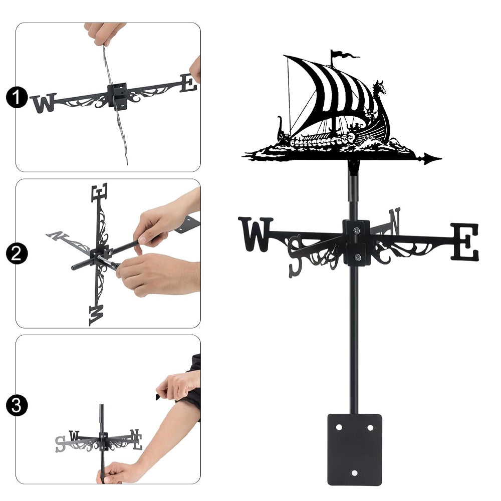 Viking longship metal weather vane with directional arrows and mounting rod, outdoor roof and garden decoration