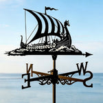 Viking longship metal weather vane with directional arrows and mounting rod, outdoor roof and garden decoration