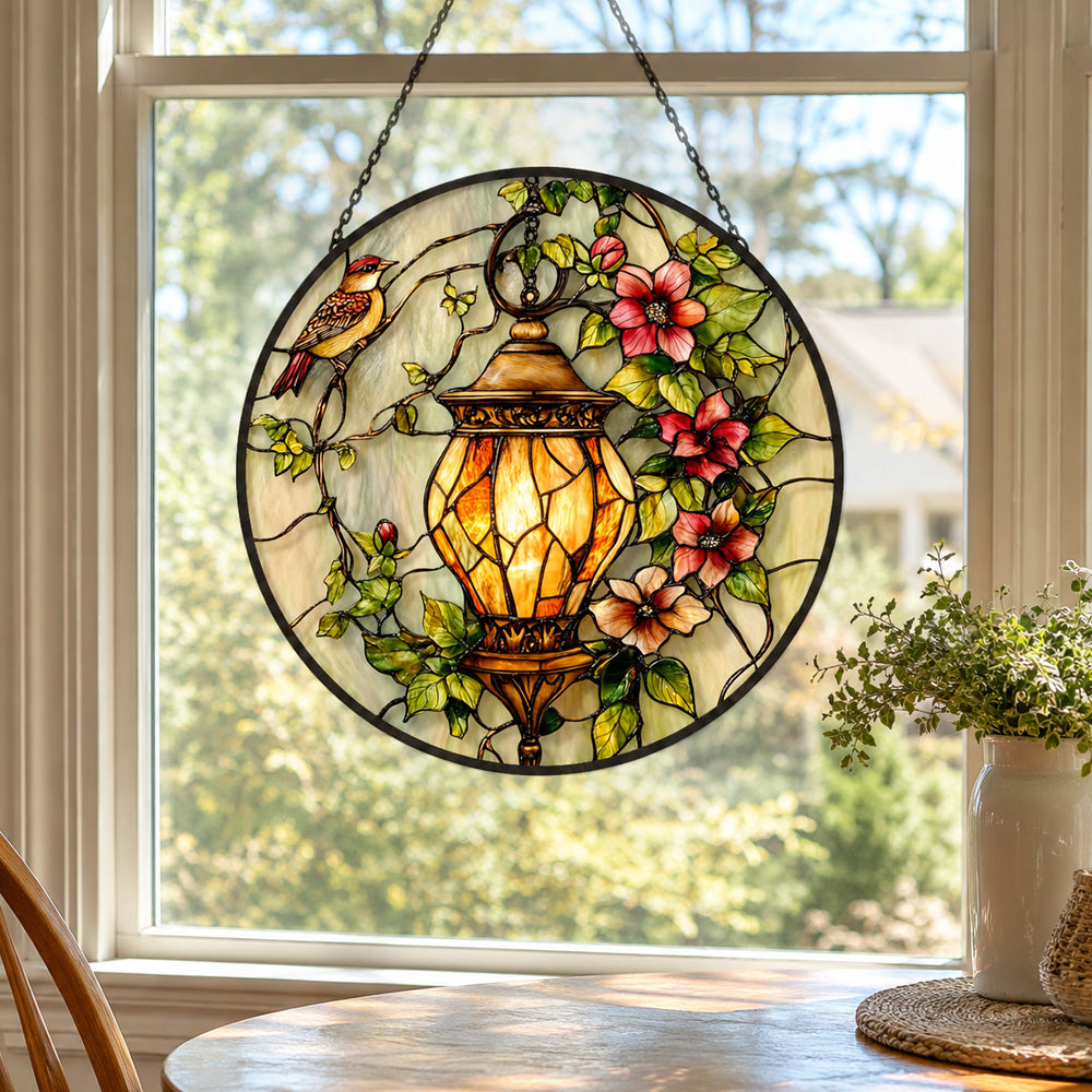 Vintage lantern flower bird stained glass suncatcher window hanging, suitable for home and garden decoration
