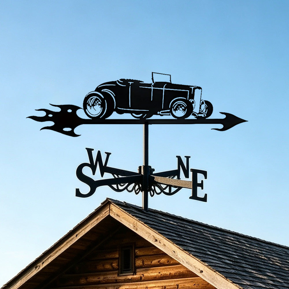 Vintage roadster metal weather vane with directional arrows and mounting rod, outdoor roof and garden decoration