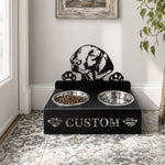 Personalized vizsla metal dog bowl stand with custom name cutout and two removable feeding bowls