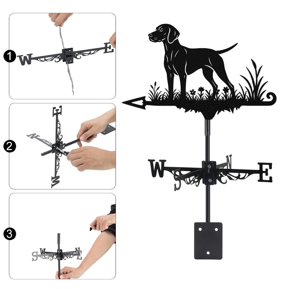 Vizsla metal weather vane with directional arrows and mounting rod, outdoor roof and garden decoration