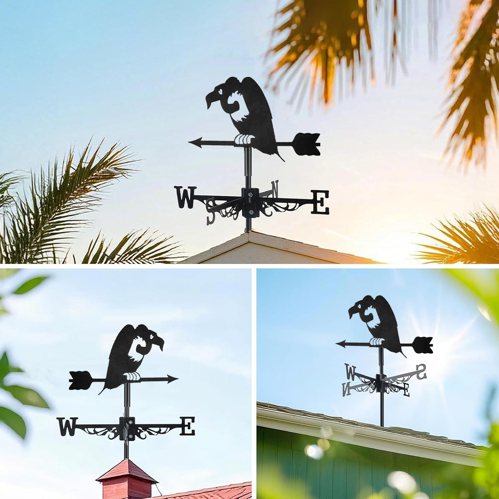 Vulture bird metal weather vane with directional arrows and mounting rod, outdoor roof and garden decoration