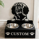 Personalized water spaniel metal dog bowl stand with custom name cutout and two removable feeding bowls