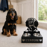Personalized water spaniel metal dog bowl stand with custom name cutout and two removable feeding bowls