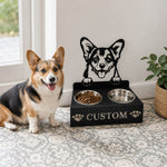 Personalized welsh corgi metal dog bowl stand with custom name cutout and two removable feeding bowls