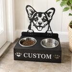 Personalized welsh corgi metal dog bowl stand with custom name cutout and two removable feeding bowls