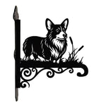 Welsh corgi metal hanging basket bracket mounted on outdoor wall for plant decoration